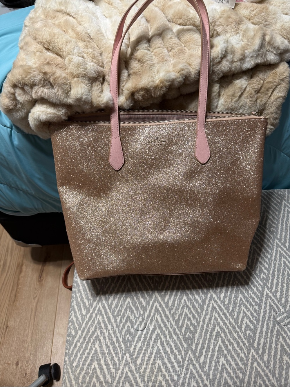 kate spade Rose Gold Glitter Tote with Pink Handles
